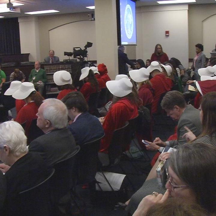 Protesters in Handmaid's Tale attire sit as lawmakers debate abortion bills